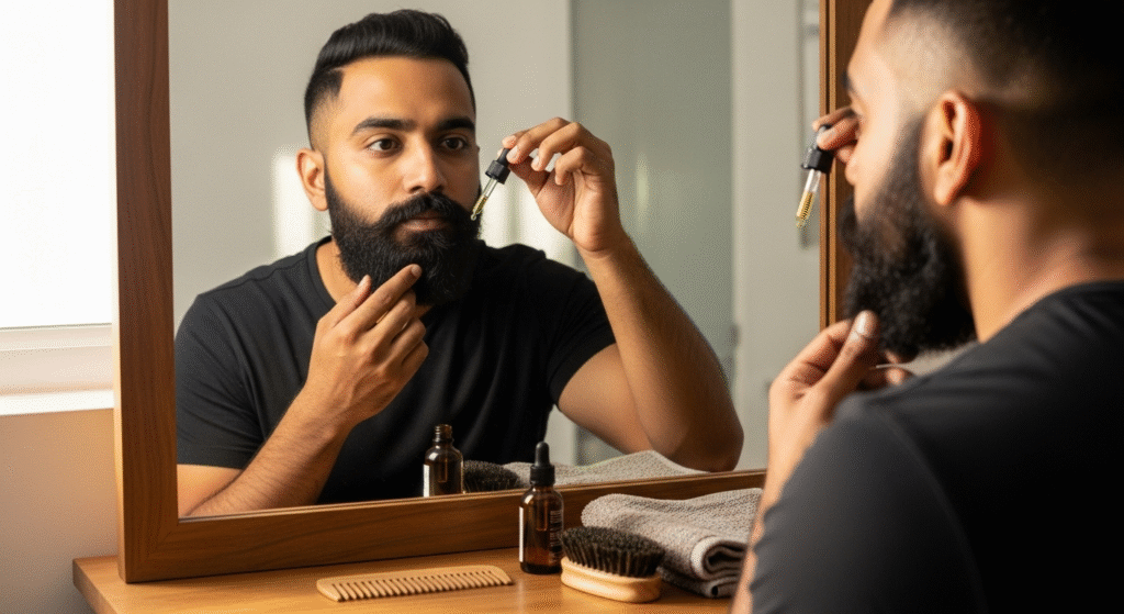 Indian man using beard oil during morning grooming routine.