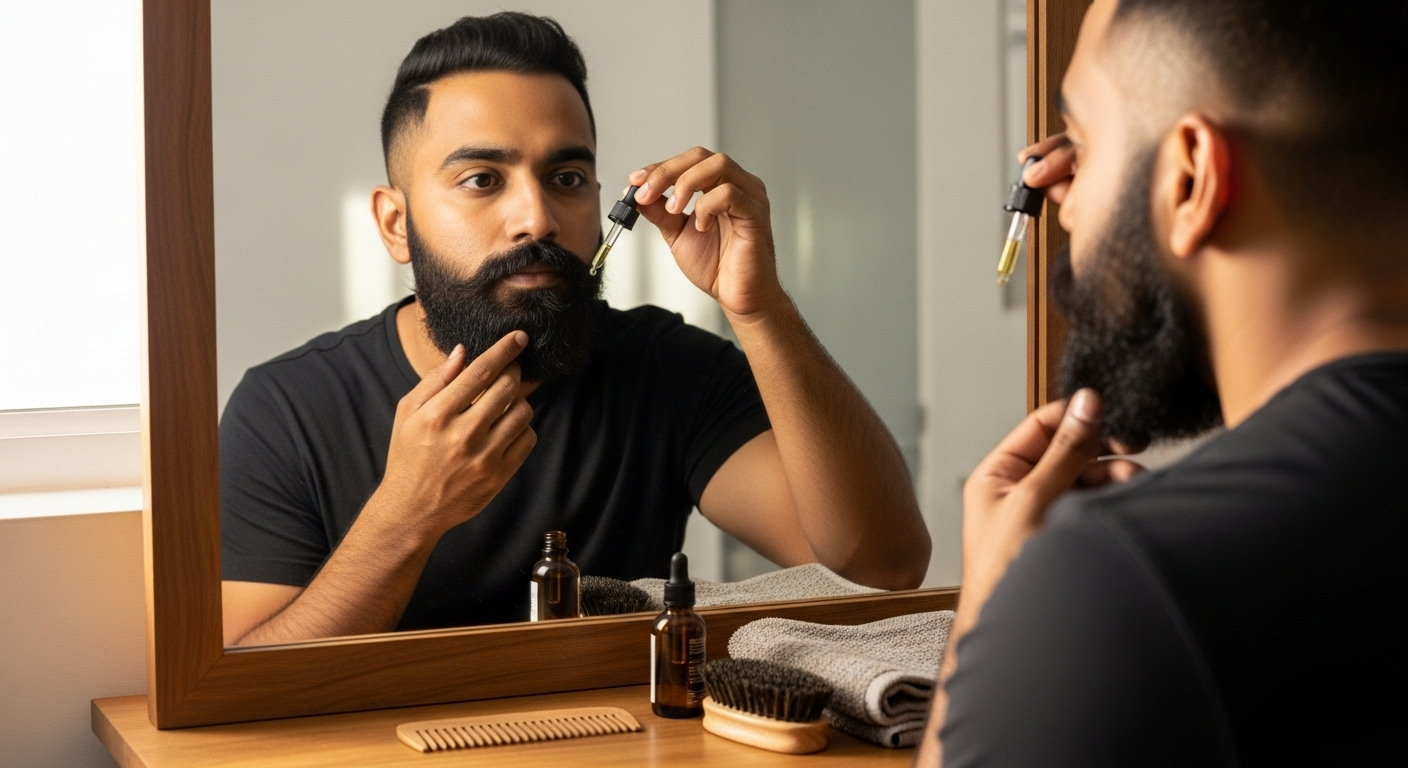 Indian man using beard oil during morning grooming routine.