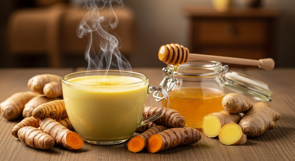 Home remedy for cold with turmeric milk and honey.