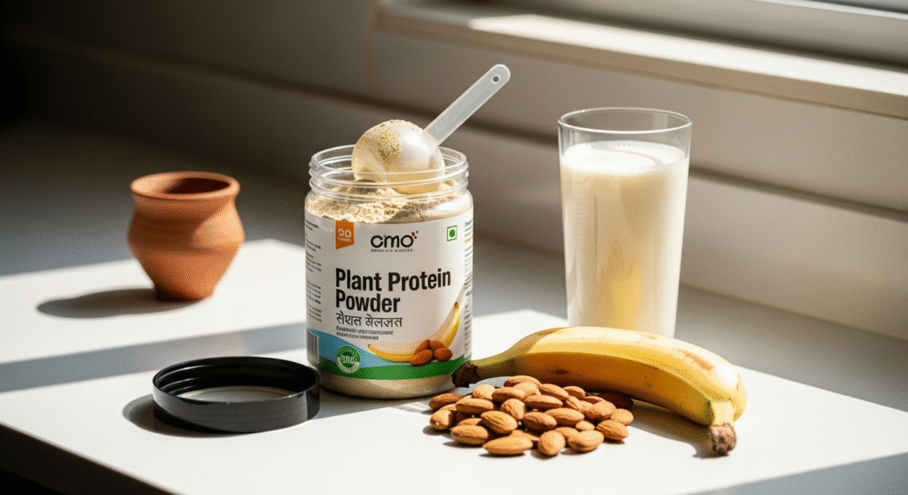 Best plant protein powders India — jar, scoop and smoothie ingredients