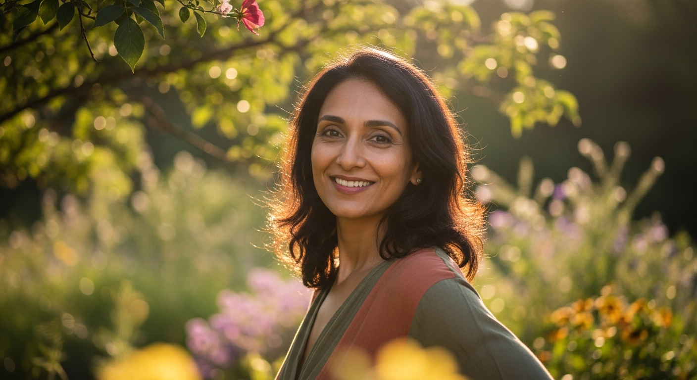 Indian woman managing menopause symptoms naturally