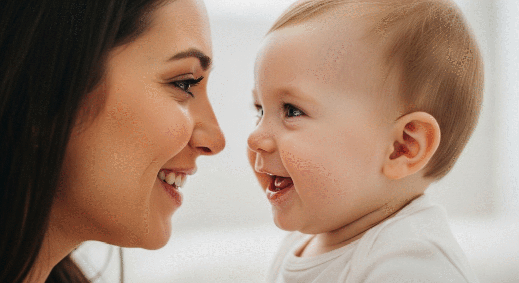 Baby imitating parent for emotional bonding.