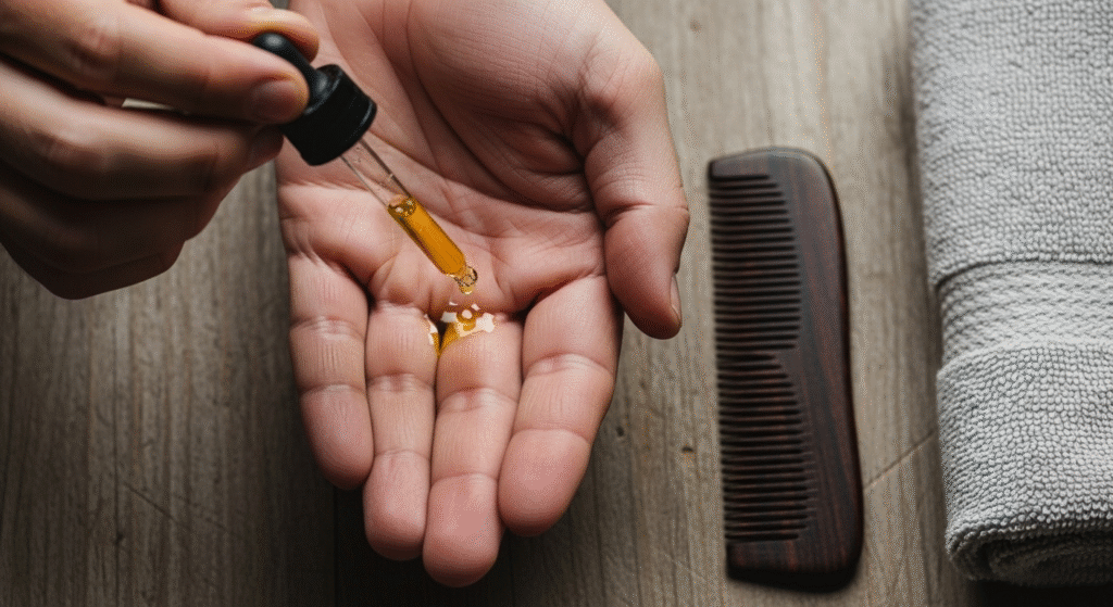 Beard oil drops in hands ready for application.