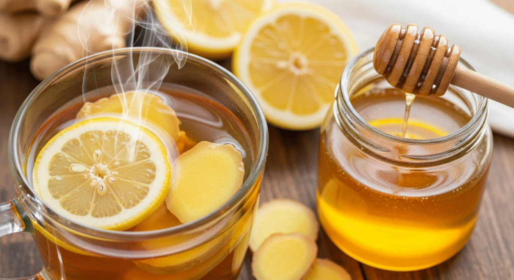 Home remedy for cold using ginger and lemon.