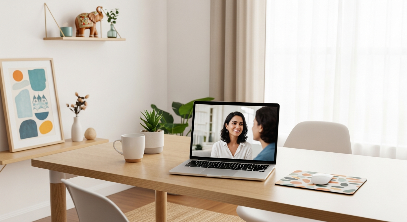 Online counseling for anxiety session on laptop.