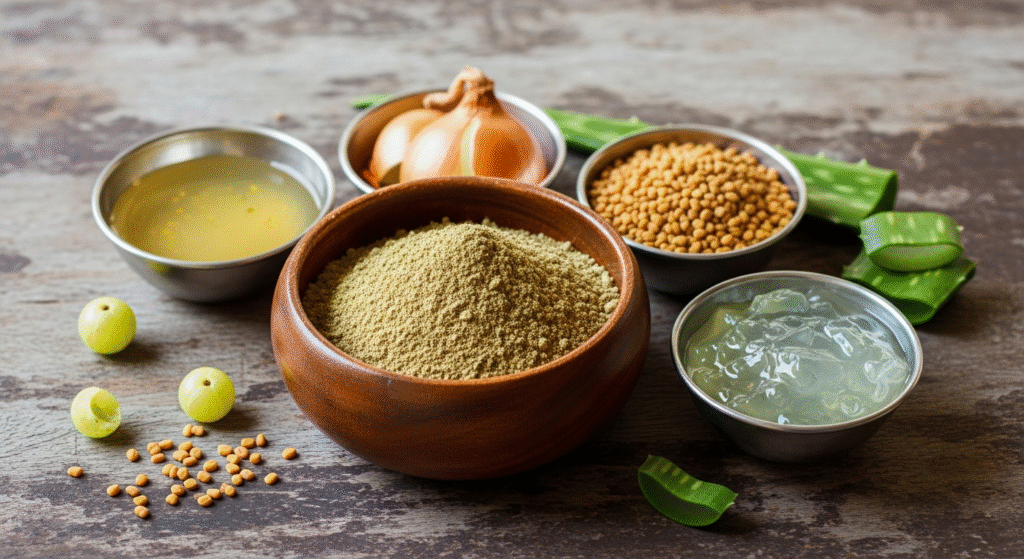 amla fenugreek onion juice and aloe vera pack as natural remedy for hair fall