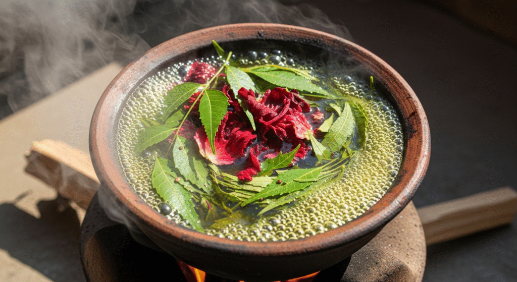 neem hibiscus and green tea herbal rinse for natural remedy for hair fall