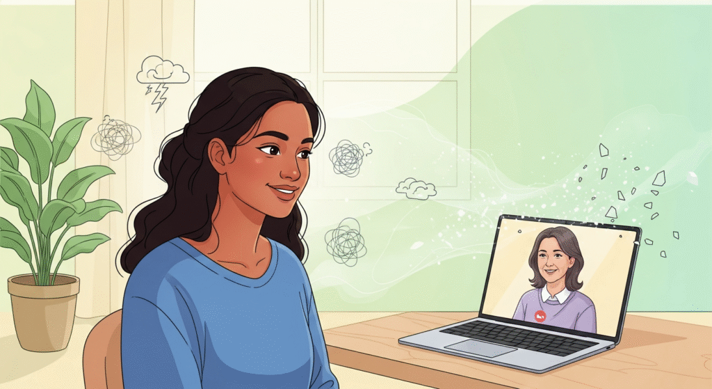 Indian woman in an online counseling session for anxiety on a laptop, feeling calm and supported.