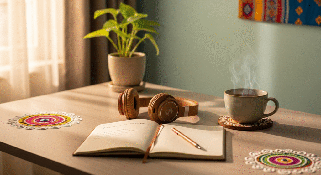 Peaceful Indian home setup with headphones, notebook, and tea, symbolizing relaxation during online counseling for anxiety.